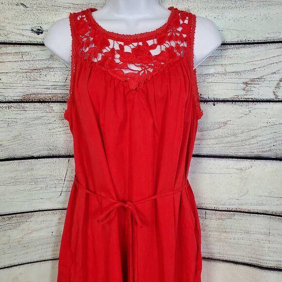 Knox Rose Red Sleeveless Dress Small Crochet Neckline Belted Boho Summer - Picture 2 of 7